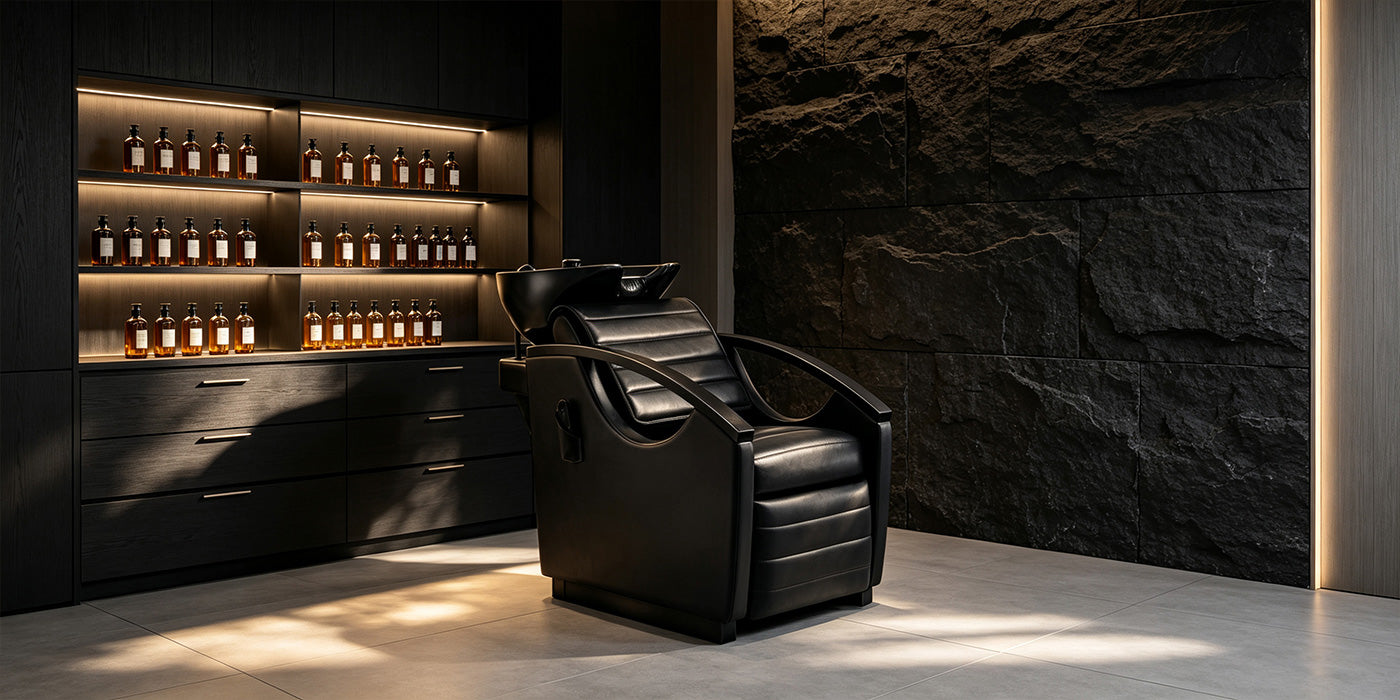 Elektryczna myjka do masażu i mycia pleców w salonie kosmetycznym z regulowaną misą & Siedzisko - Bella Titanium Black- detail - DIR Store