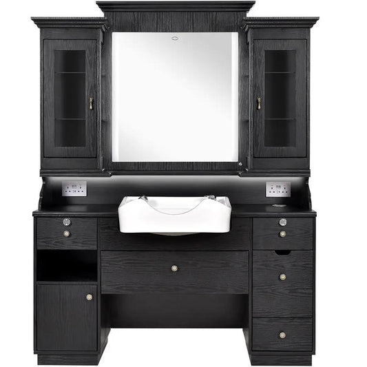 Barber Station with Frontwash Sink & LED Barber Mirror - Mohegan II Barber Unit - DIR Store