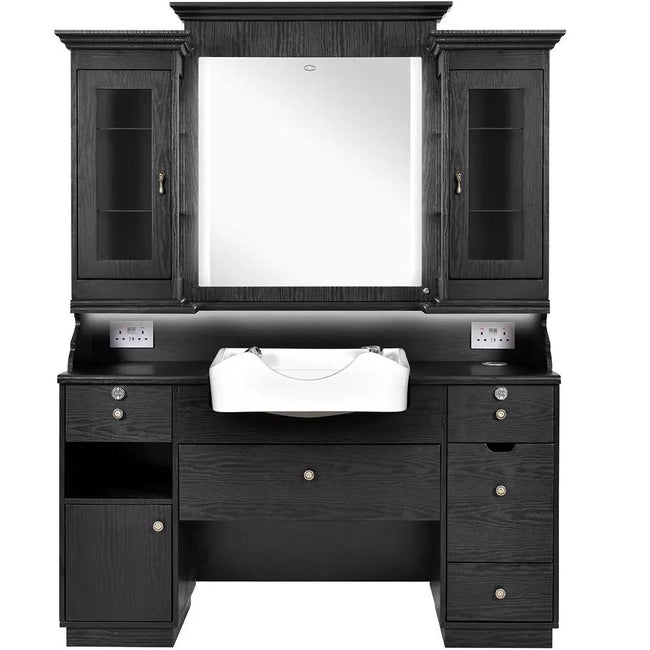 Barber Station with Frontwash Sink & LED Barber Mirror - Mohegan II Barber Unit - DIR Store