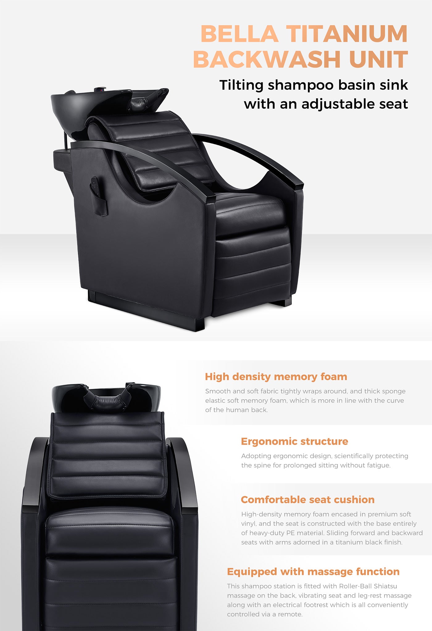 Beauty Salon Electrical Massage Backwash Unit with Adjustable Basin & Seat- Bella Titanium Black- detail - DIR Store