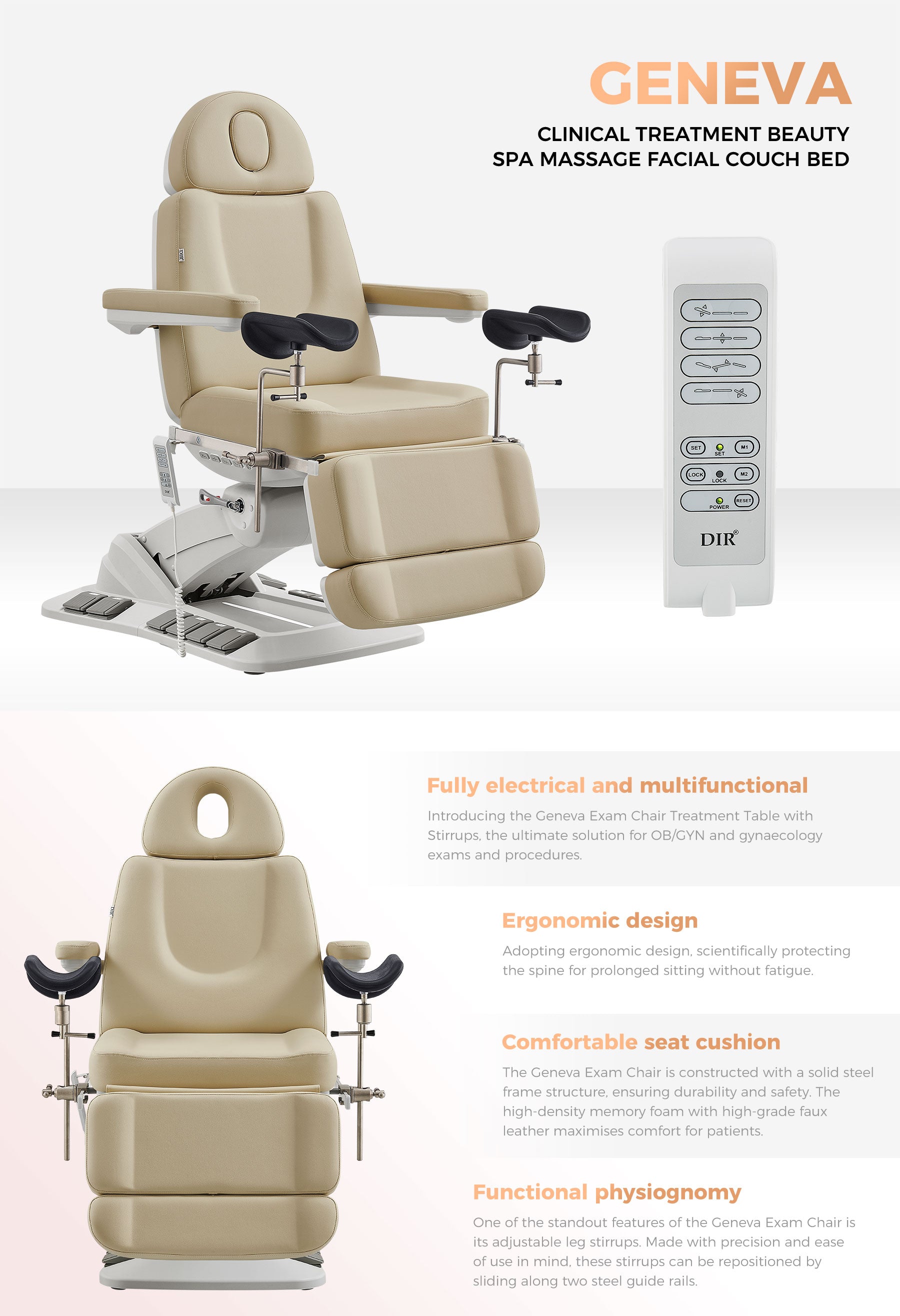 Gynecology Bed with Leg Stirrups Support - Geneva Examination Chair with 4 Motors- detail - DIR Store