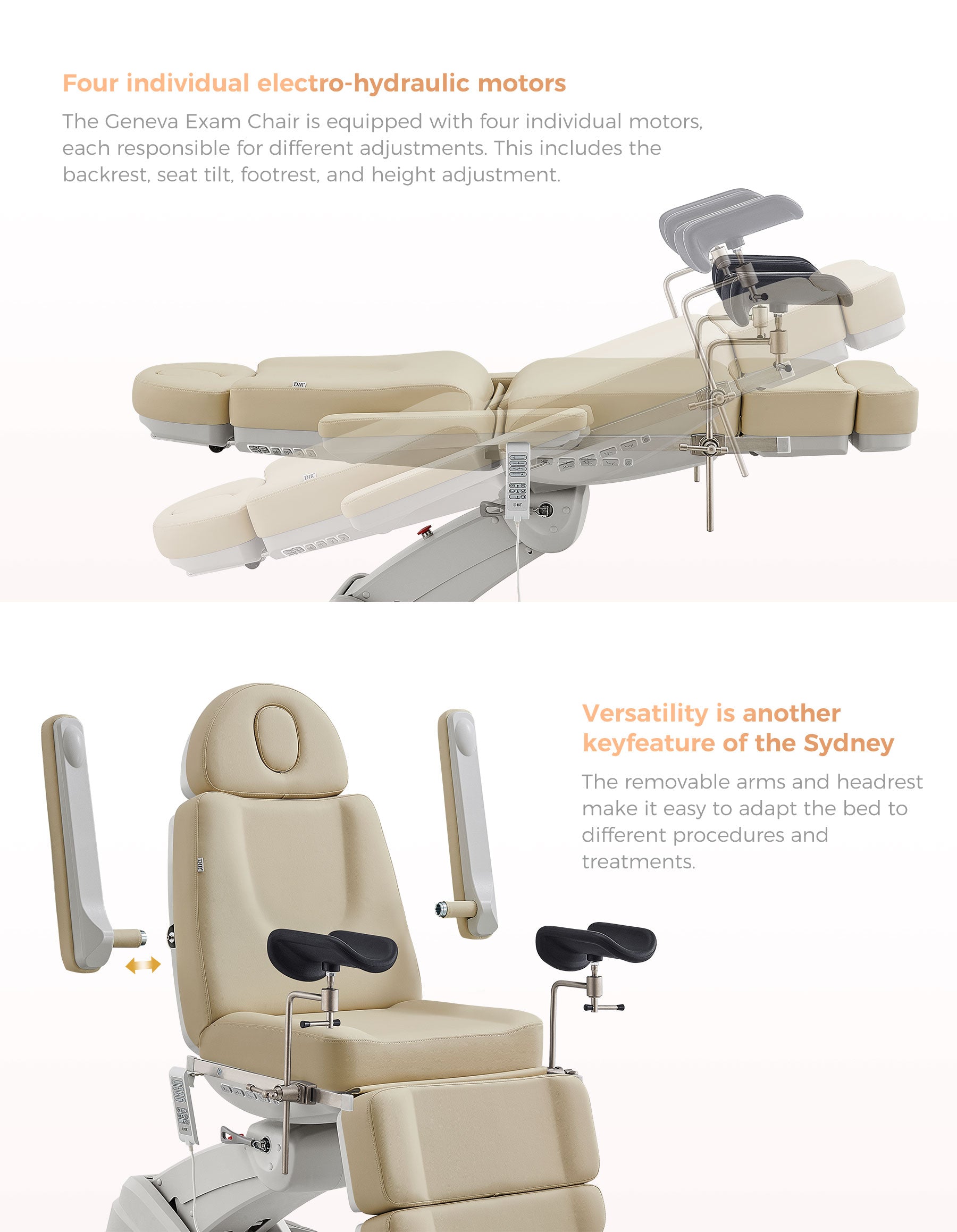 Gynecology Bed with Leg Stirrups Support - Geneva Examination Chair with 4 Motors- detail - DIR Store