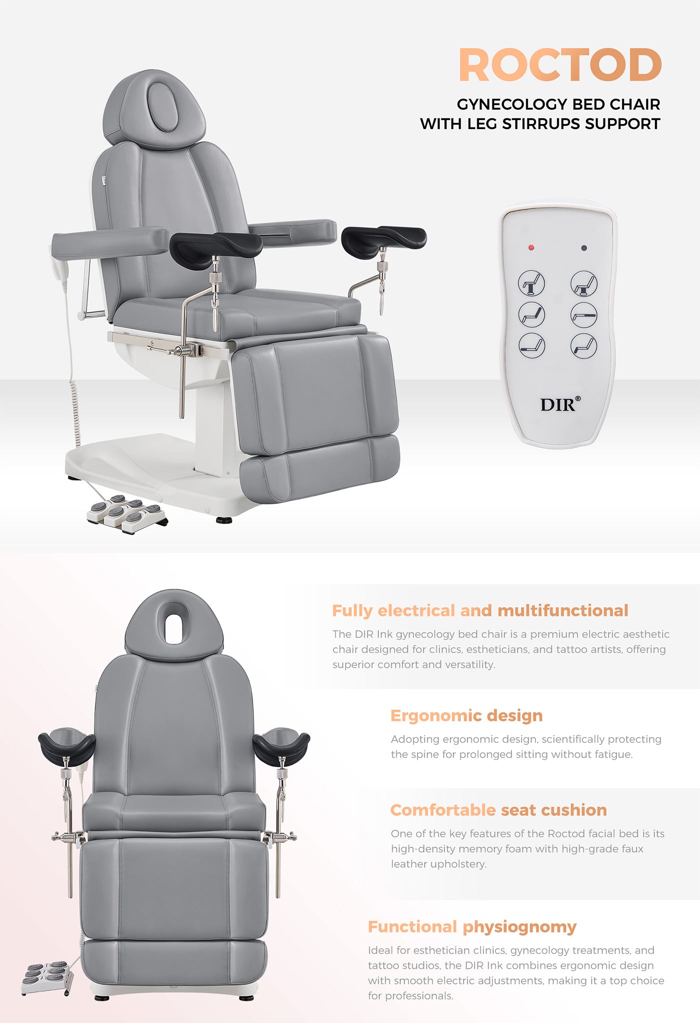 Gynecology Bed Chair with Leg Stirrups Support - Ink OB 3-Motors Examination Chair with Stirrups- detail - DIR Store
