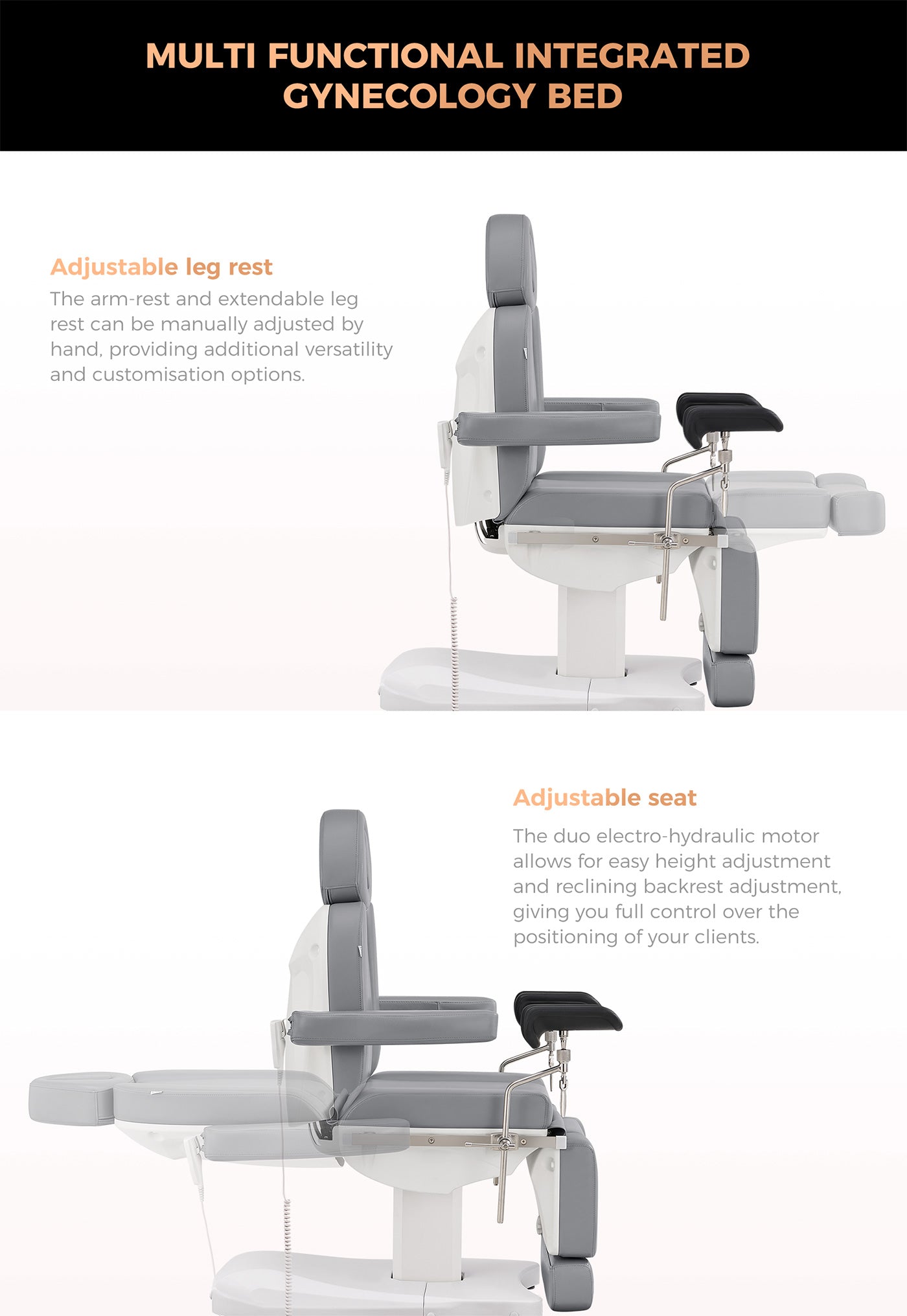 Gynecology Bed Chair with Leg Stirrups Support - Ink OB 3-Motors Examination Chair with Stirrups- detail - DIR Store