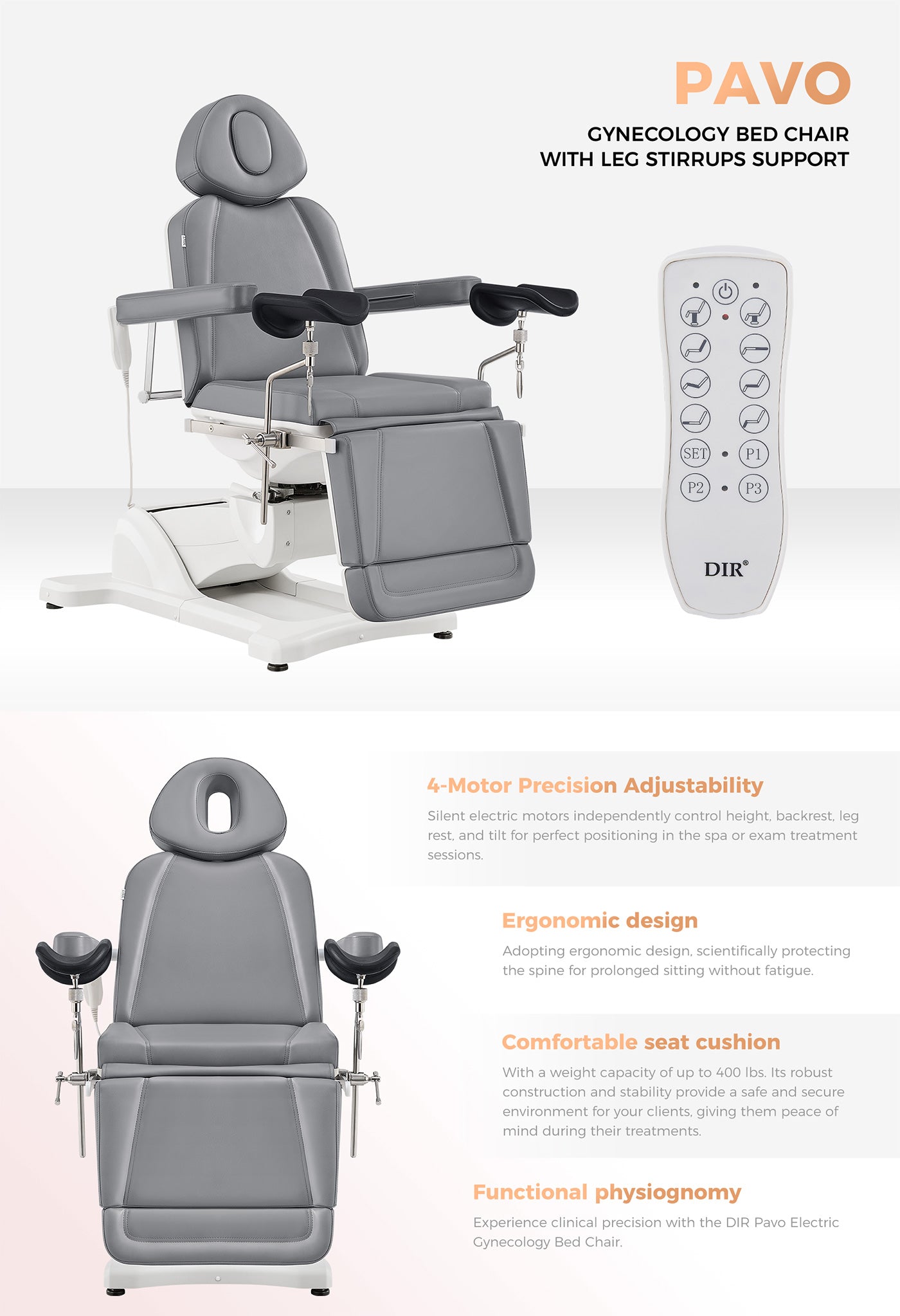 Gynecology Bed Chair with Leg Stirrups Support - Pavo Exam Chair with OB 4-Motors- detail - DIR Store