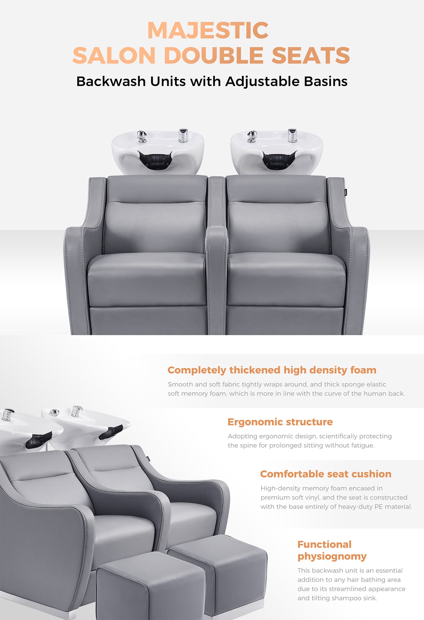 Salon Double Seats Backwash Units with Adjustable Basins - Majestic- detail - DIR Store