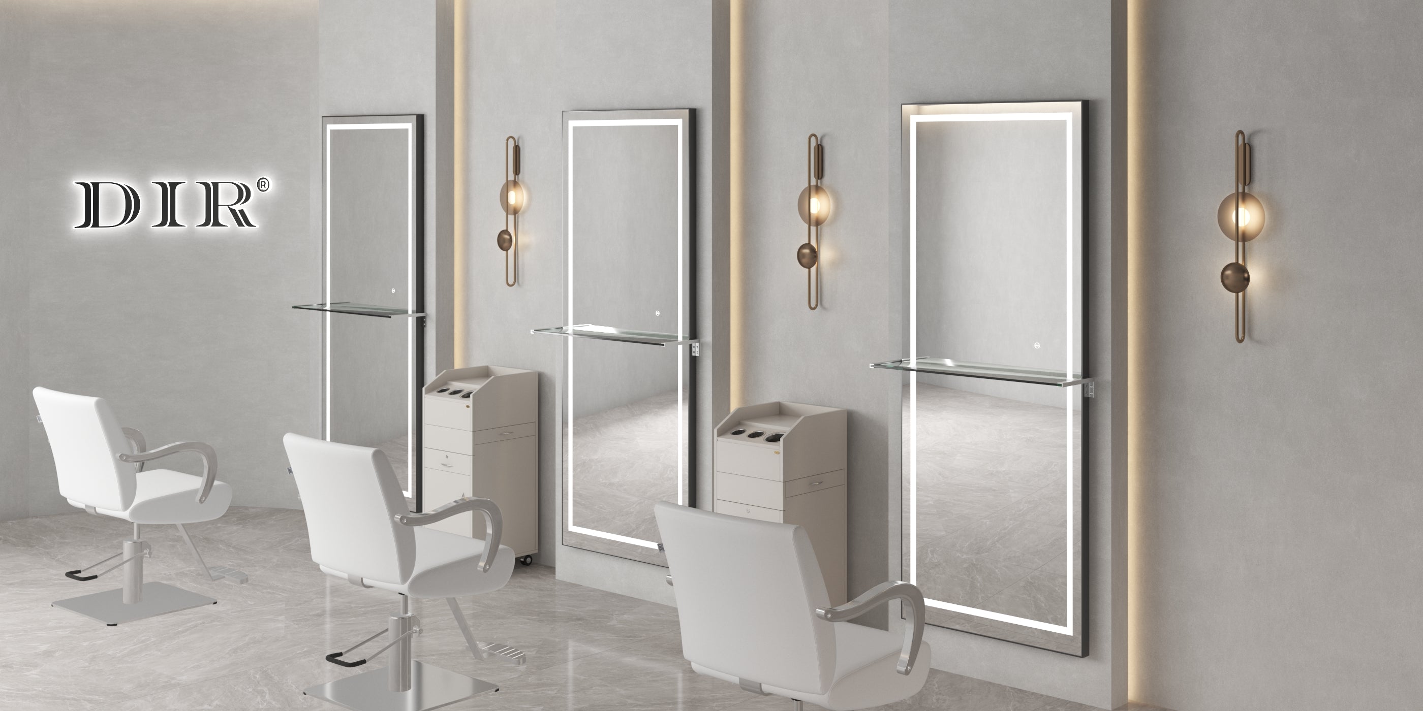 Salon Styling Unit with LED Salon Mirror & Anodized Aluminum Metal Frame - Symphony- detail - DIR Store