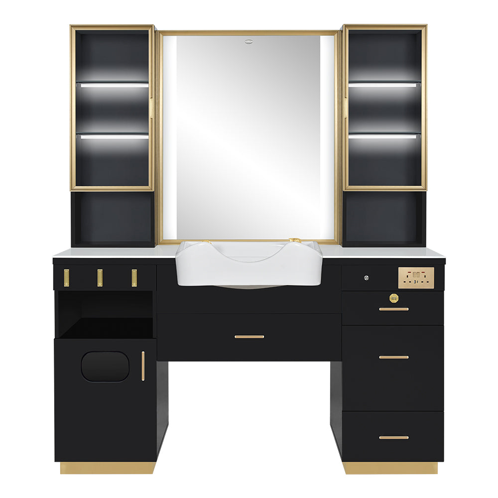 Barber Station with LED Barber Mirror - Istanbul Barber Unit with front wash basin and fittings